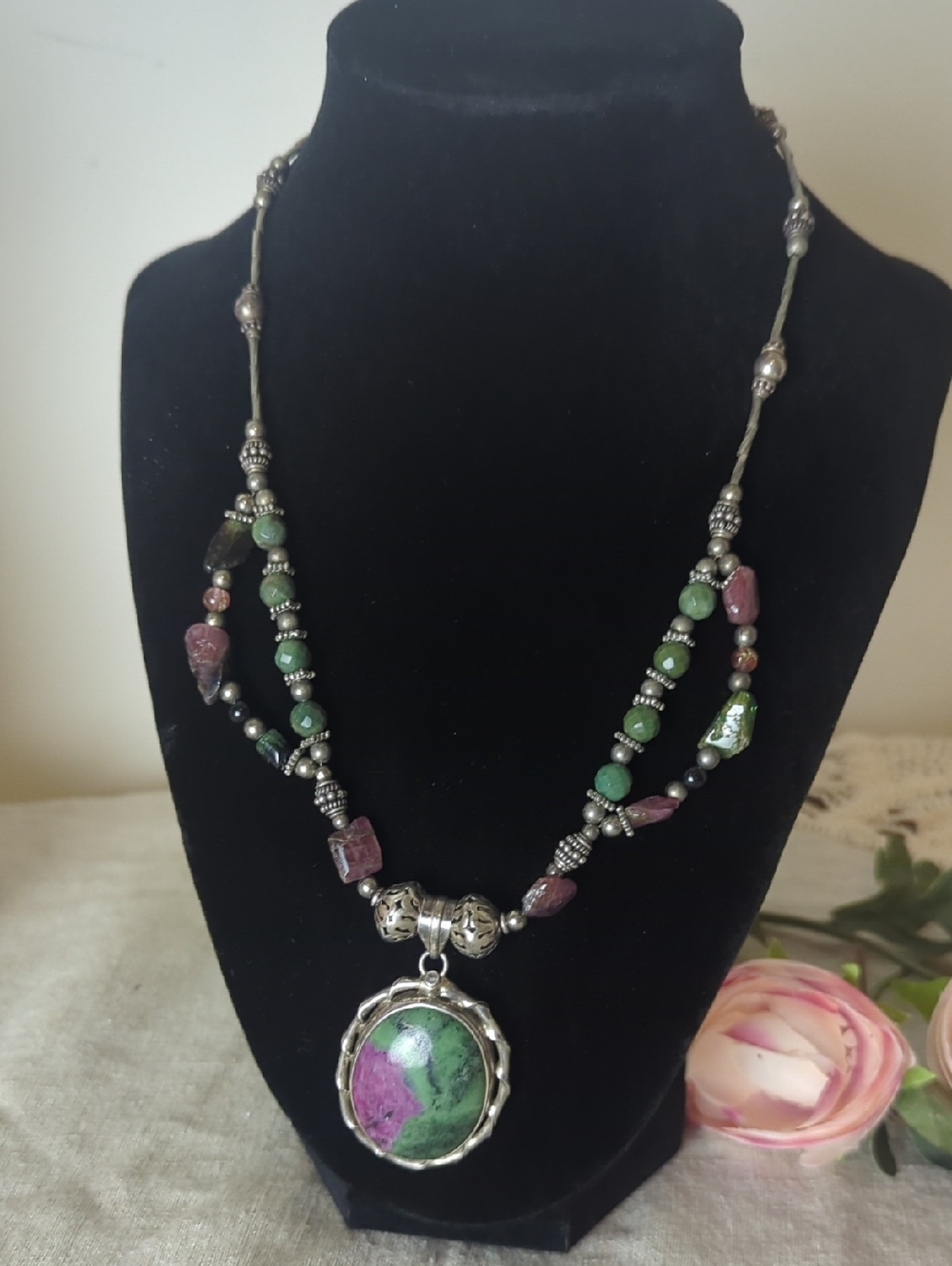 Sterling Silver Ruby Zoisite Statement Necklace, Artisan Gemstone Pendant